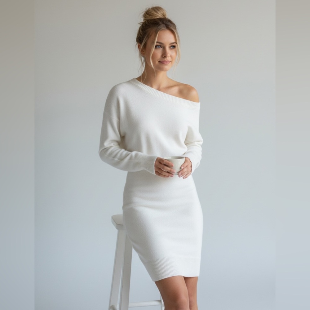 Petal & Pup romantic asymmetric neckline Sweater DRESS WHITE Off the Shoulder 4 - Picture 2 of 14